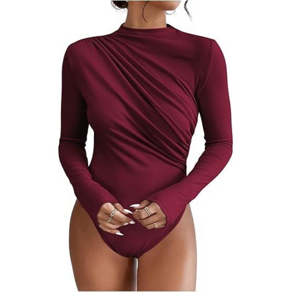 MSRP $30 SweatyRocks Women's S Burgundy Bodysuit Mock Neck Casual Ruched Long‎